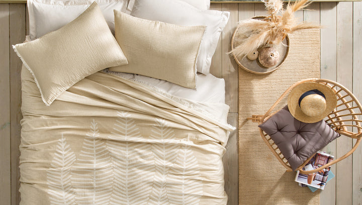 Muslin Bedspread and Pillowcase Set Folium, 100% Cotton, beige, 230x240 cm