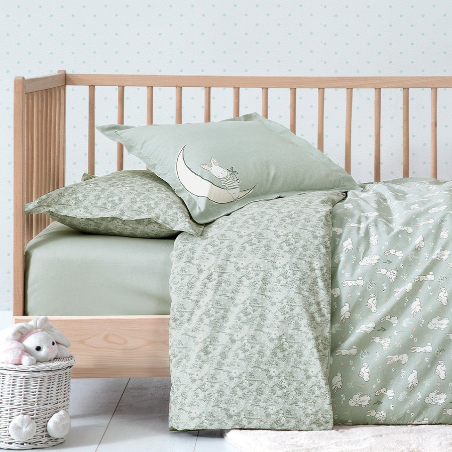 Baby Bedding Set Rabbit, for Crib, 100% Renforcé Cotton, light green, 100x150 cm