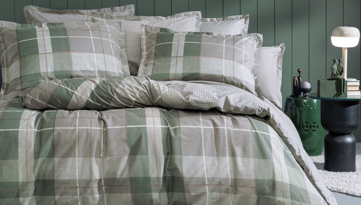 Cotton Duvet Cover Set Tancy, with Bed Sheet, green/grey, 240x220 cm