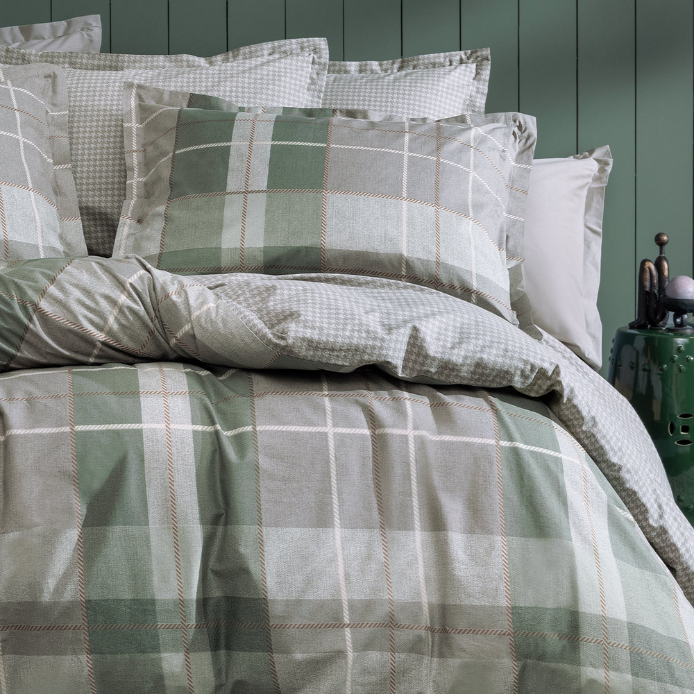 Cotton Duvet Cover Set Tancy, with Bed Sheet, green/grey, 200x220 cm