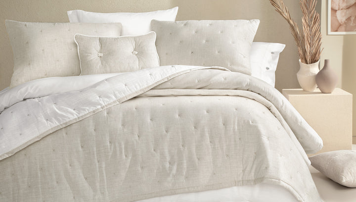 Linen Bedspread Set Loras, with Pillowcases, white/beige, 240x250 cm