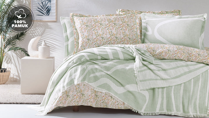 Cotton Bedspread Set Lenzy, with Duvet Cover, Bed Sheet and Pillowcases, green, 230x240 cm
