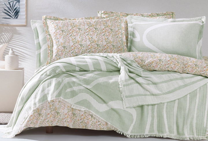 Cotton Bedspread Set Lenzy, with Duvet Cover, Bed Sheet and Pillowcases, green, 170x240 cm