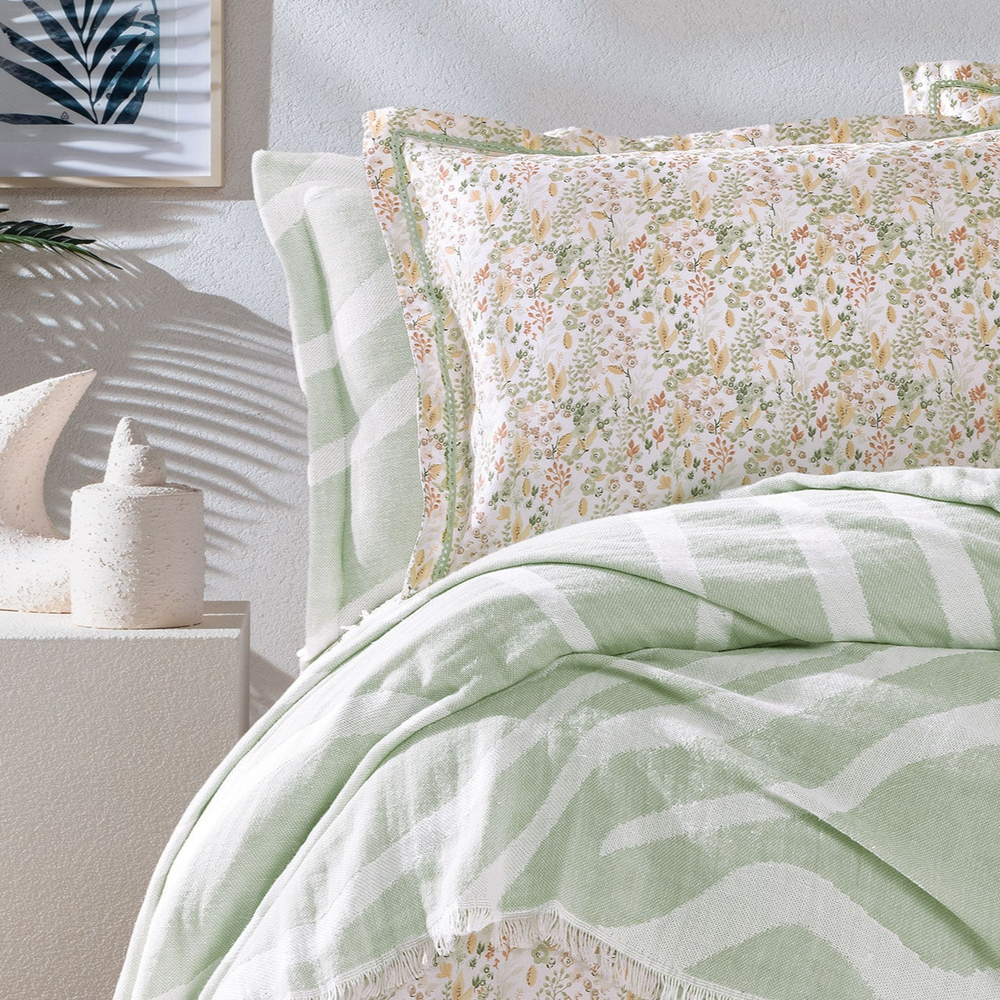 Cotton Bedspread Set Lenzy, with Duvet Cover, Bed Sheet and Pillowcases, green, 170x240 cm