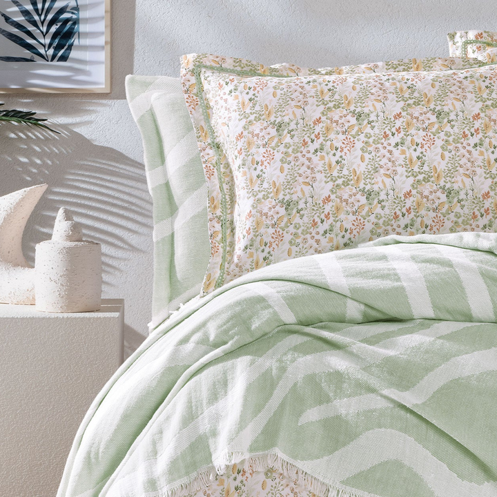 Cotton Bedspread Set Lenzy, with Duvet Cover, Bed Sheet and Pillowcases, green, 170x240 cm
