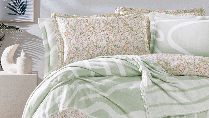 Cotton Bedspread Set Lenzy, with Duvet Cover, Bed Sheet and Pillowcases, green, 170x240 cm