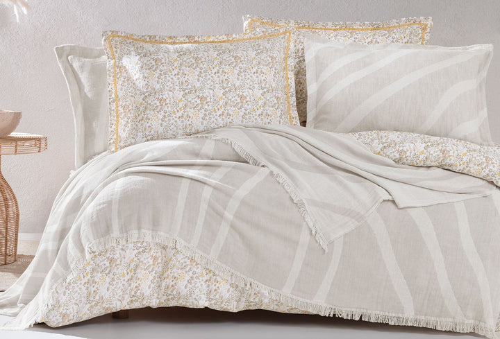 Cotton Bedspread Set Lenzy, with Duvet Cover, Bed Sheet and Pillowcases, beige, 230x240 cm