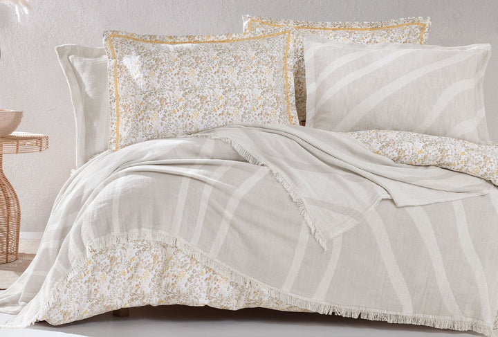 Cotton Bedspread Set Lenzy, with Duvet Cover, Bed Sheet and Pillowcases, beige, 170x240 cm