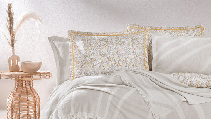 Cotton Bedspread Set Lenzy, with Duvet Cover, Bed Sheet and Pillowcases, beige, 170x240 cm