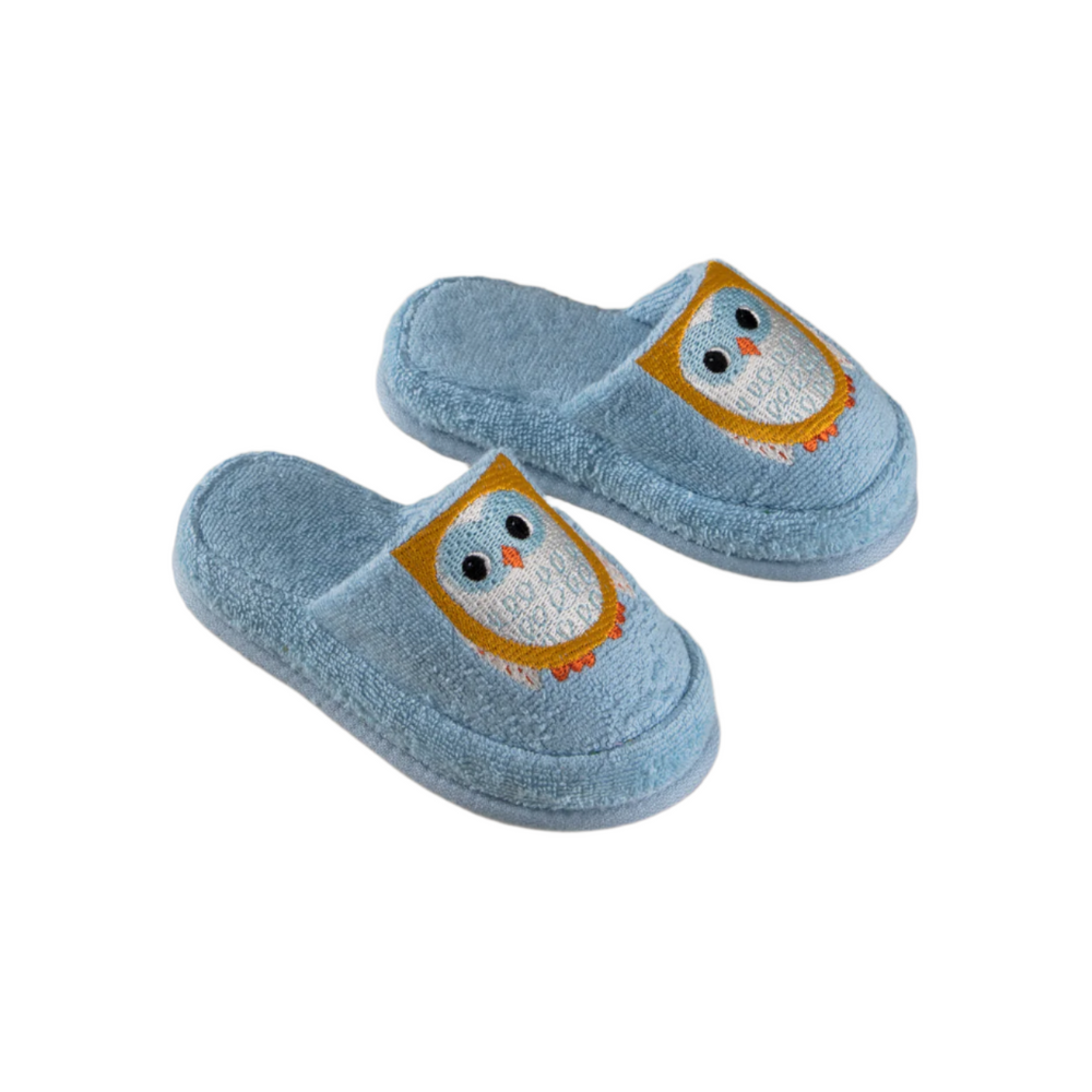 Organic Kids Slippers Owl, 100% Organic Cotton, blue, age 6-8