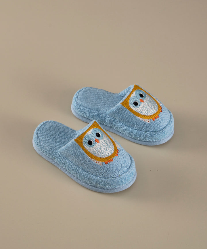 Organic Kids Slippers Owl, 100% Organic Cotton, blue, age 6-8