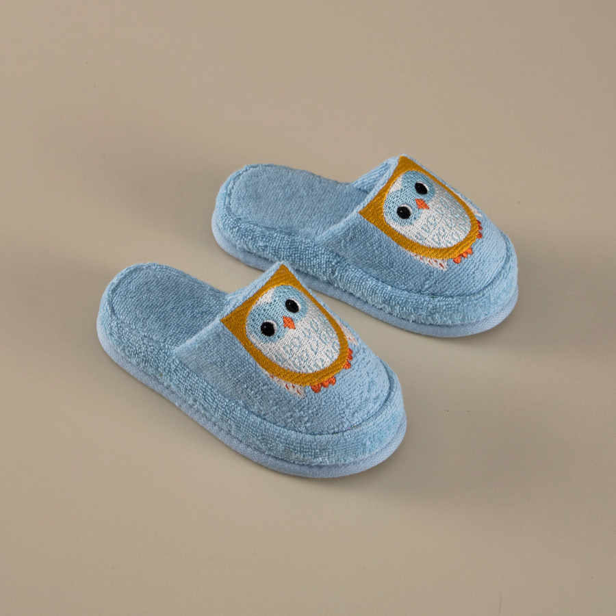 Organic Kids Slippers Owl, 100% Organic Cotton, blue, age 6-8