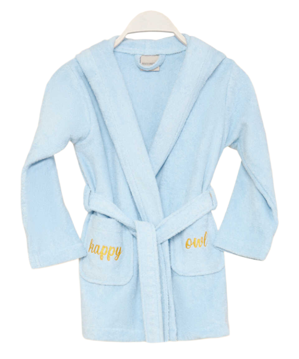 Organic Kids Bathrobe Owl, 100% Organic Cotton, blue, age 6-8