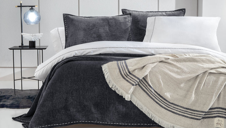 Linen Blend Duvet Cover Set King, with Bed Sheet, white/anthracite, 200x220 cm