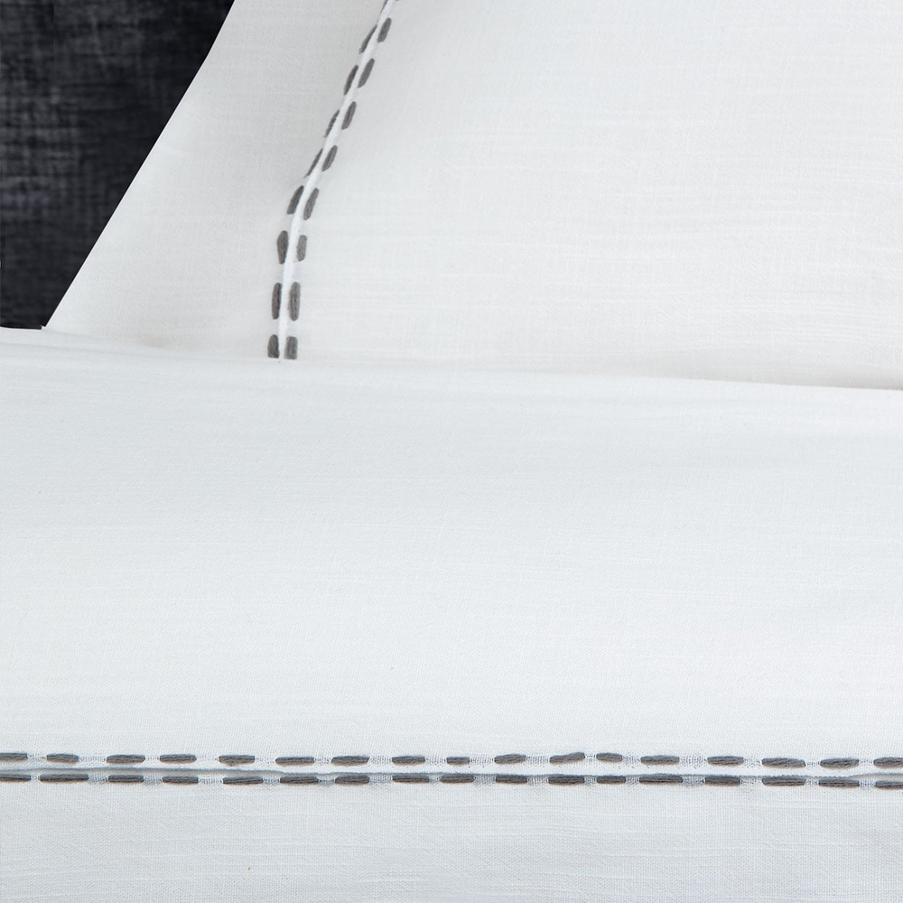 Linen Blend Duvet Cover Set King, with Bed Sheet, white/anthracite, 200x220 cm