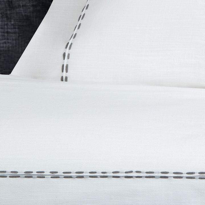 Linen Blend Duvet Cover Set King, with Bed Sheet, white/anthracite, 200x220 cm