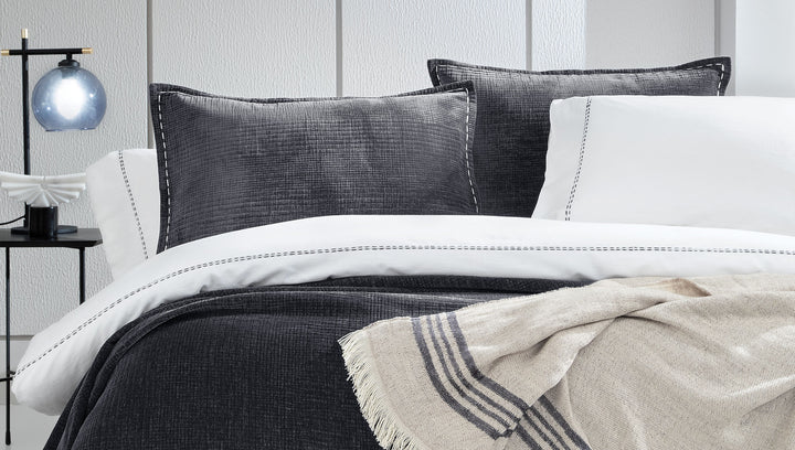 Linen Blend Duvet Cover Set King, with Bed Sheet, white/anthracite, 200x220 cm