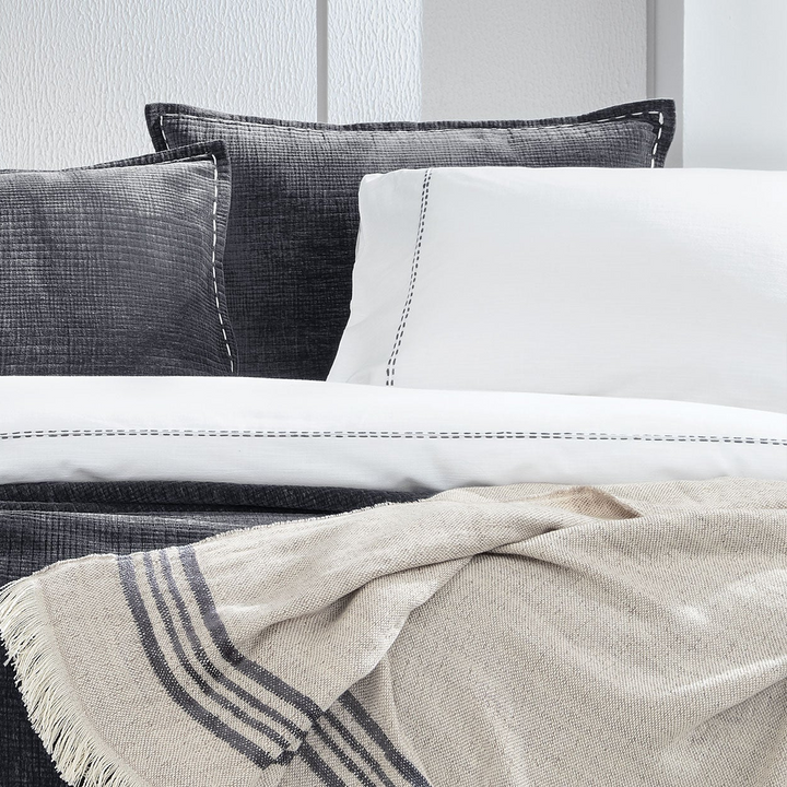 Linen Blend Duvet Cover Set King, with Bed Sheet, white/anthracite, 200x220 cm