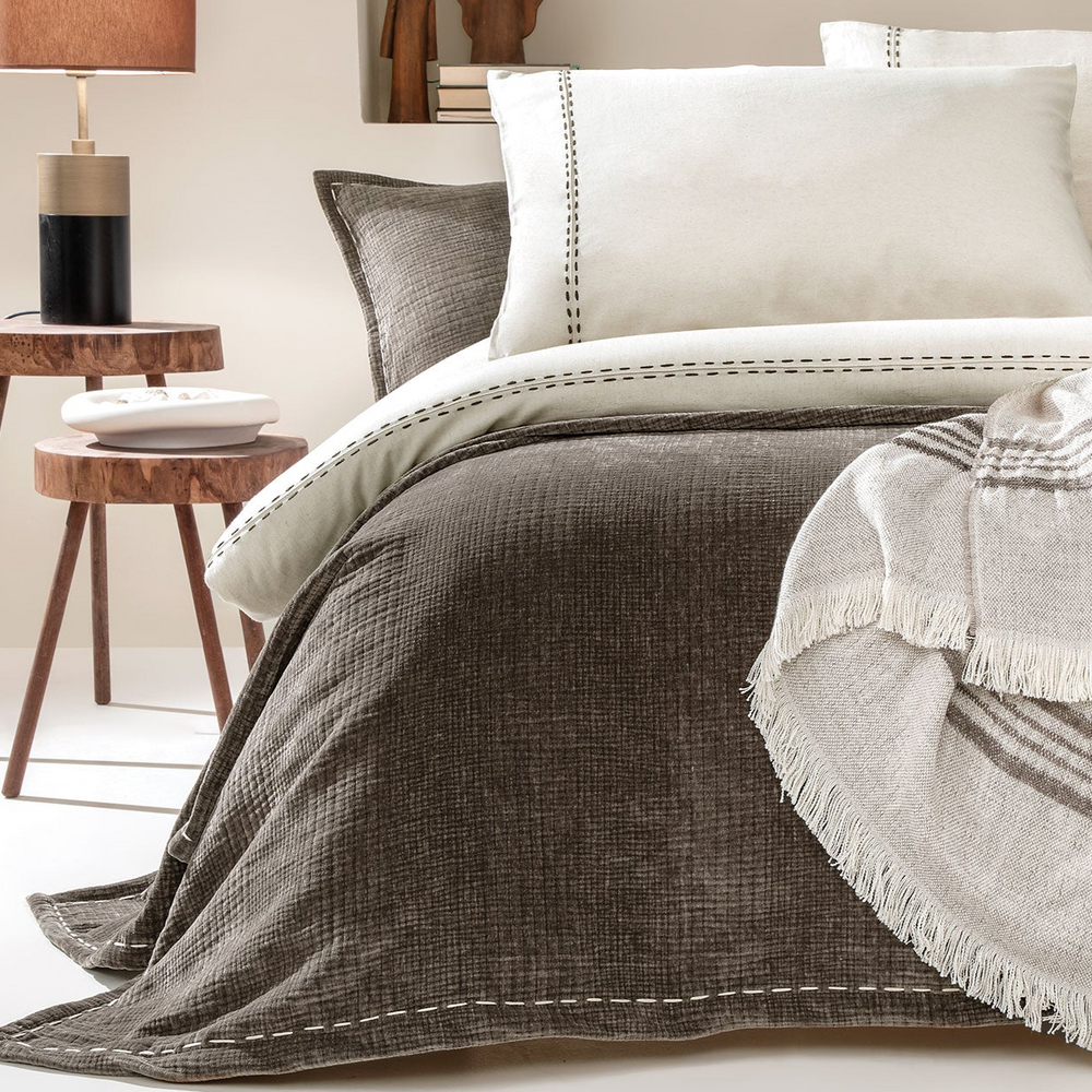 Linen Blend Duvet Cover Set King, with Bed Sheet, white/brown, 200x220 cm