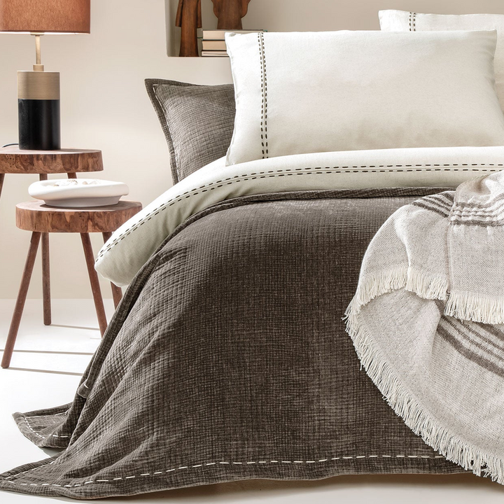 Linen Blend Duvet Cover Set King, with Bed Sheet, white/brown, 200x220 cm
