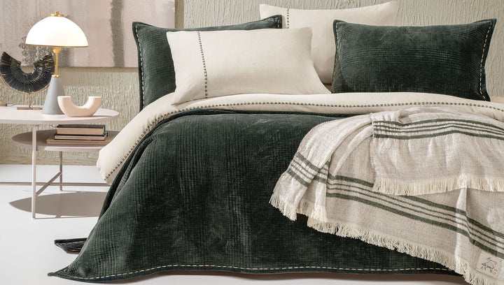 Linen Blend Duvet Cover Set King, with Bed Sheet, white/khaki, 200x220 cm