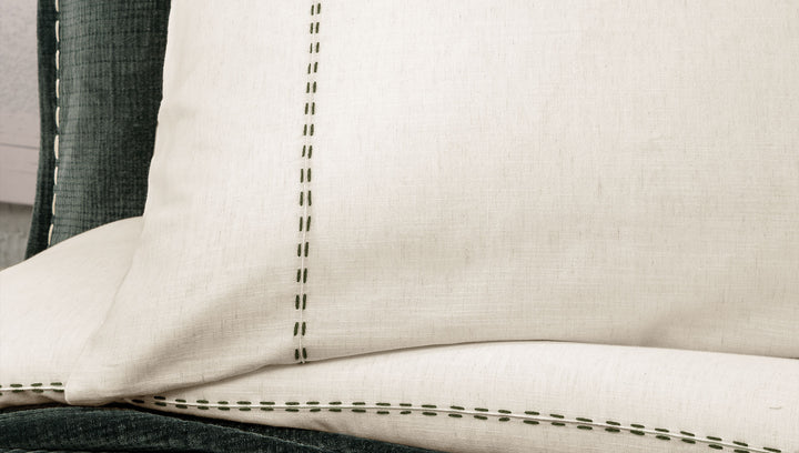 Linen Blend Duvet Cover Set King, with Bed Sheet, white/khaki, 200x220 cm