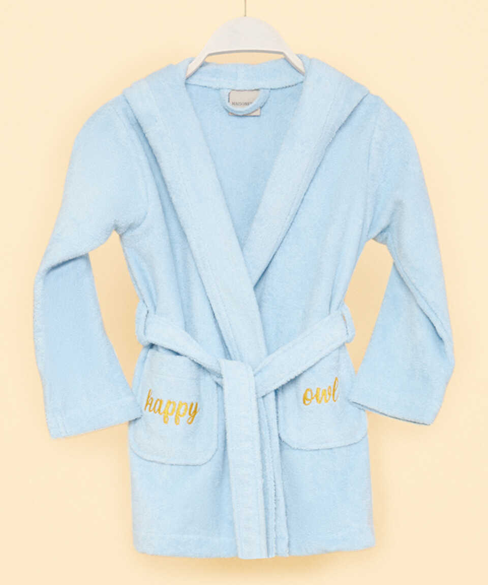 Organic Kids Bathrobe Owl, 100% Organic Cotton, blue, age 2-4