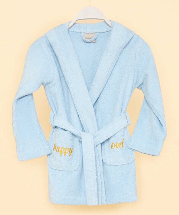 Organic Kids Bathrobe Owl, 100% Organic Cotton, blue, age 2-4