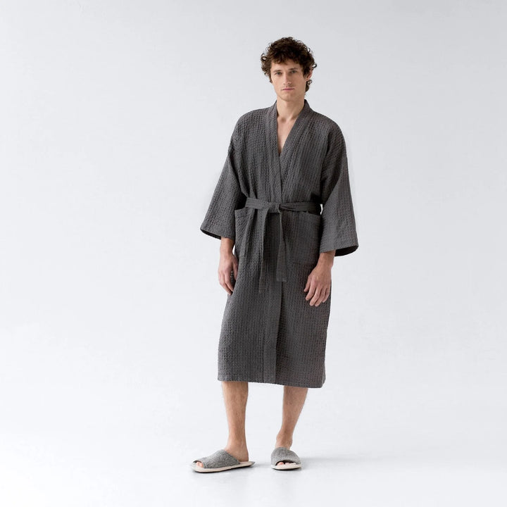 Dark Grey Linen & Cotton Honeycomb Waffle Bathrobe, S/M, Dark grey