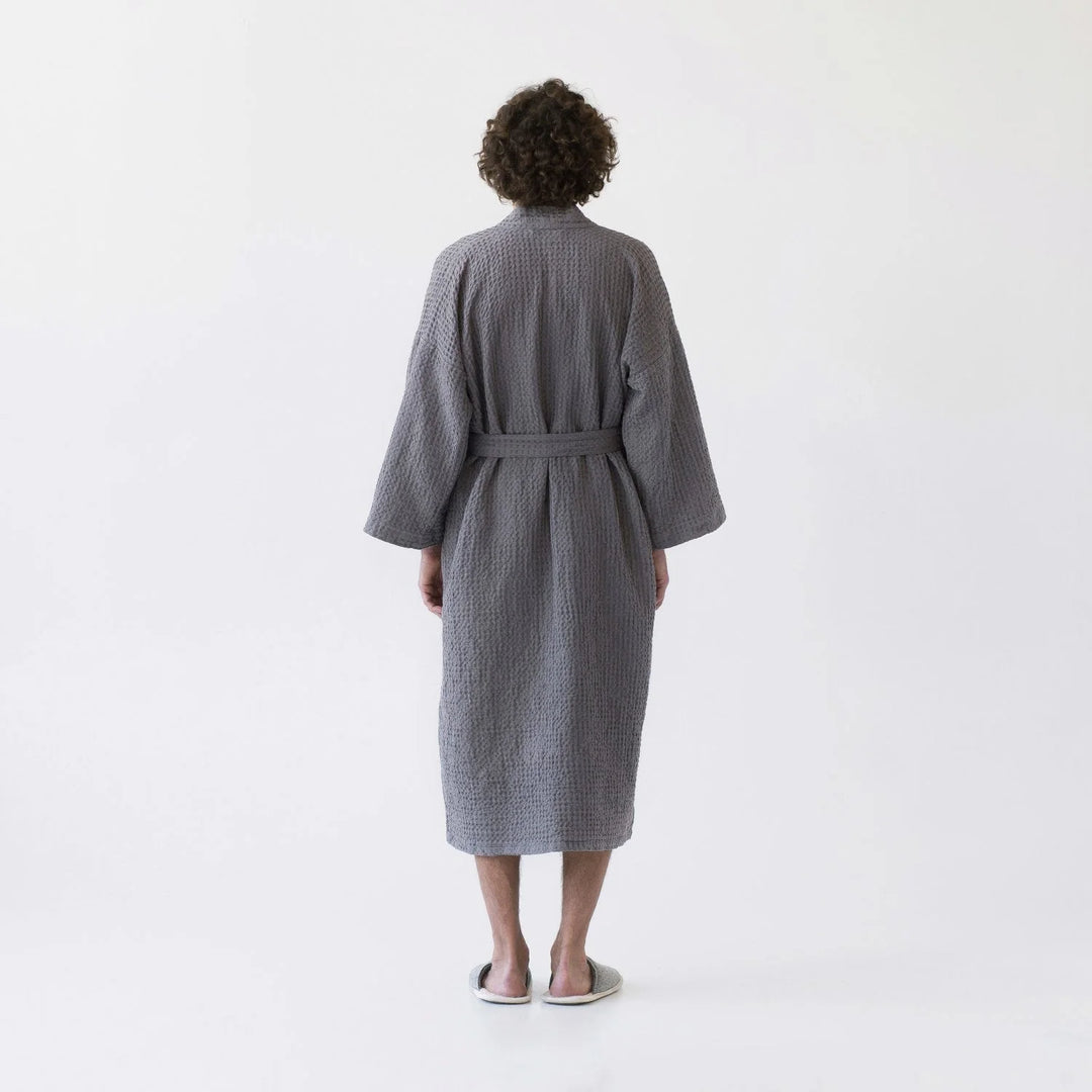 Dark Grey Linen & Cotton Honeycomb Waffle Bathrobe, S/M, Dark grey