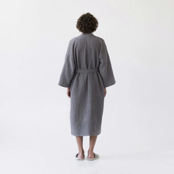 Dark Grey Linen & Cotton Honeycomb Waffle Bathrobe, S/M, Dark grey