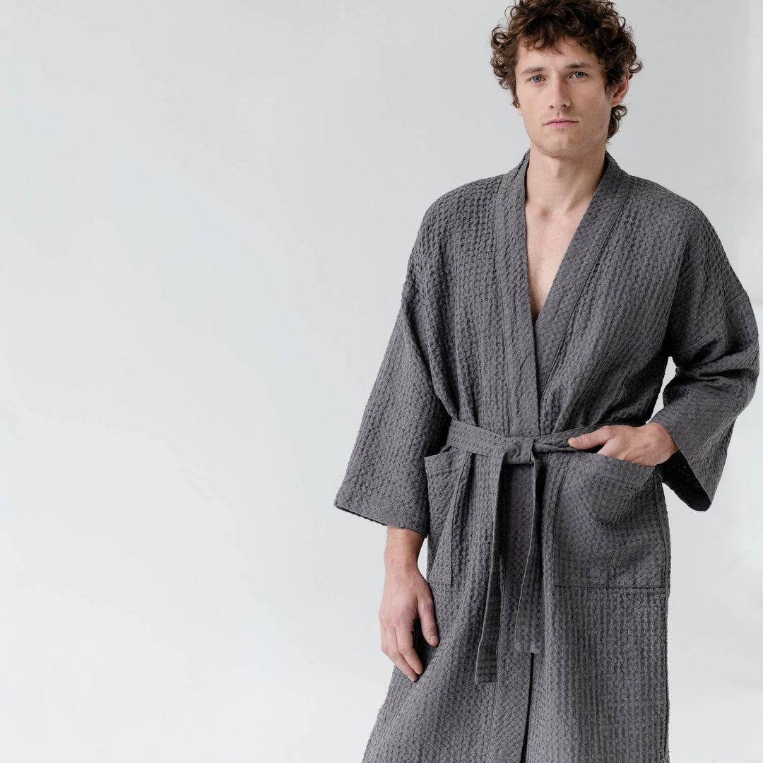 Dark Grey Linen & Cotton Honeycomb Waffle Bathrobe, S/M, Dark grey