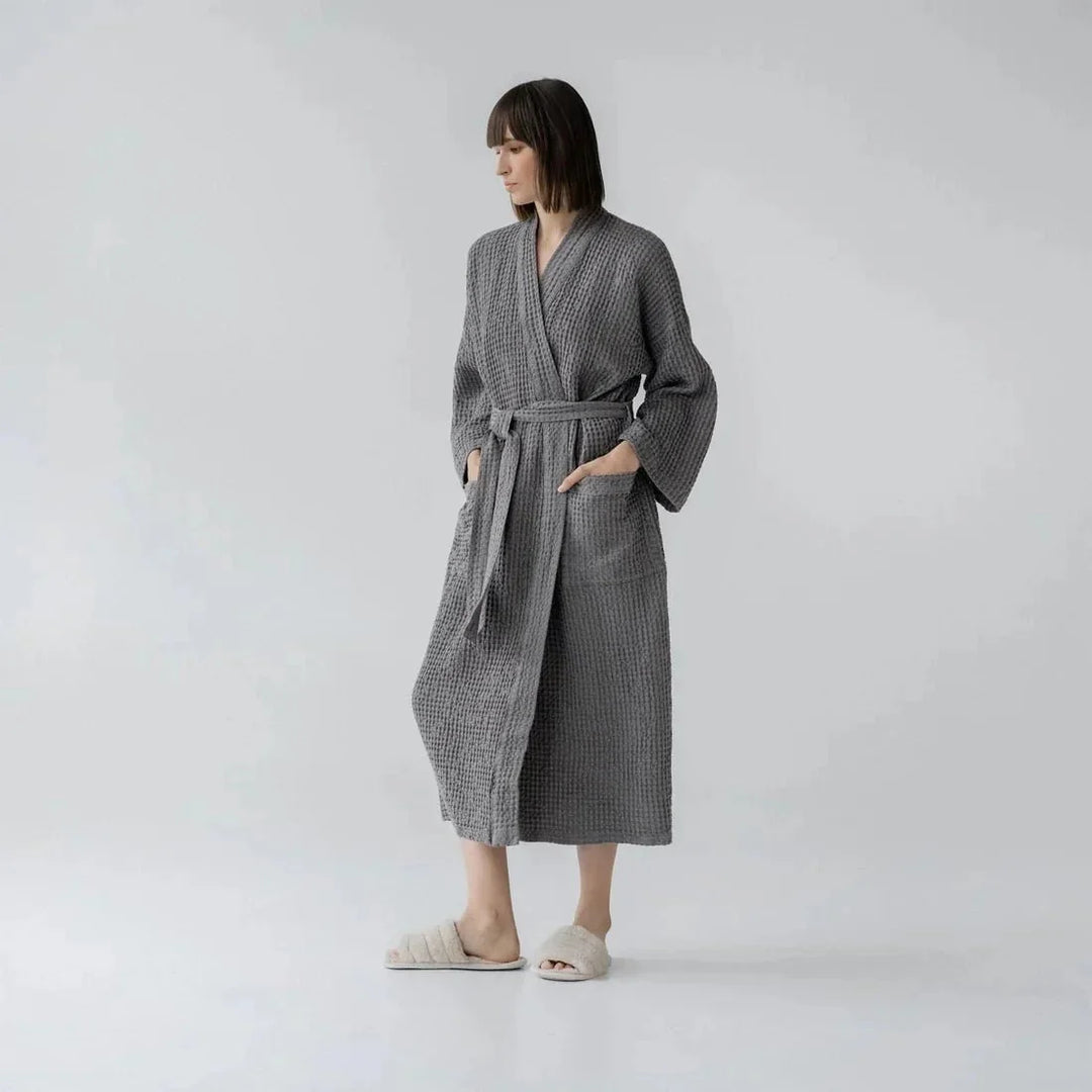 Dark Grey Linen & Cotton Honeycomb Waffle Bathrobe, S/M, Dark grey