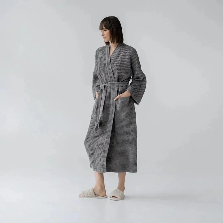 Dark Grey Linen & Cotton Honeycomb Waffle Bathrobe, S/M, Dark grey