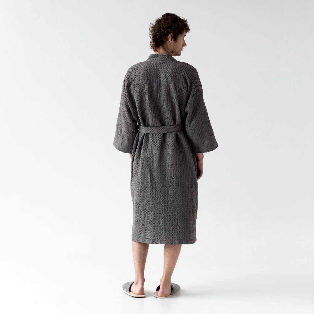 Dark Grey Linen & Cotton Honeycomb Waffle Bathrobe, S/M, Dark grey