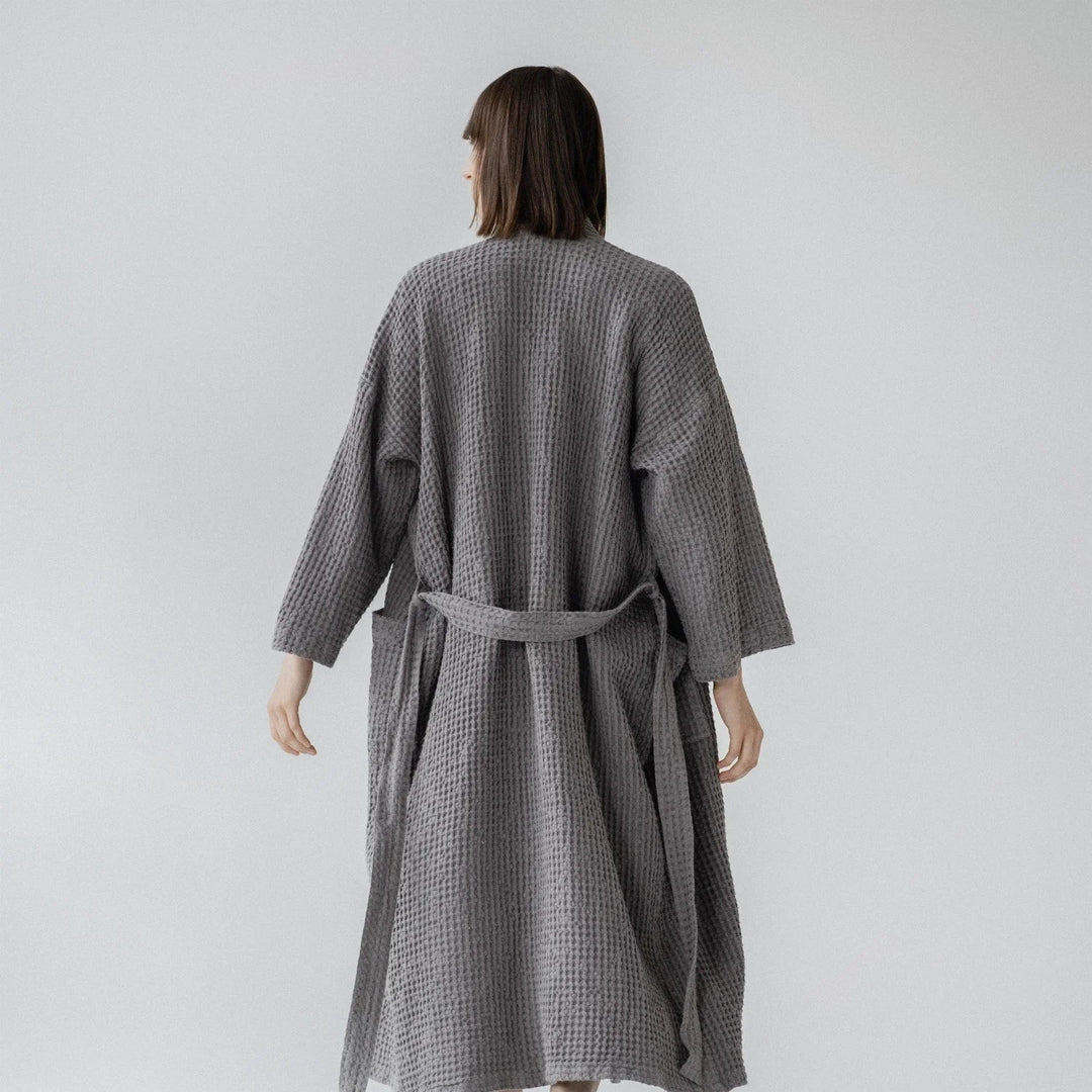 Dark Grey Linen & Cotton Honeycomb Waffle Bathrobe, S/M, Dark grey