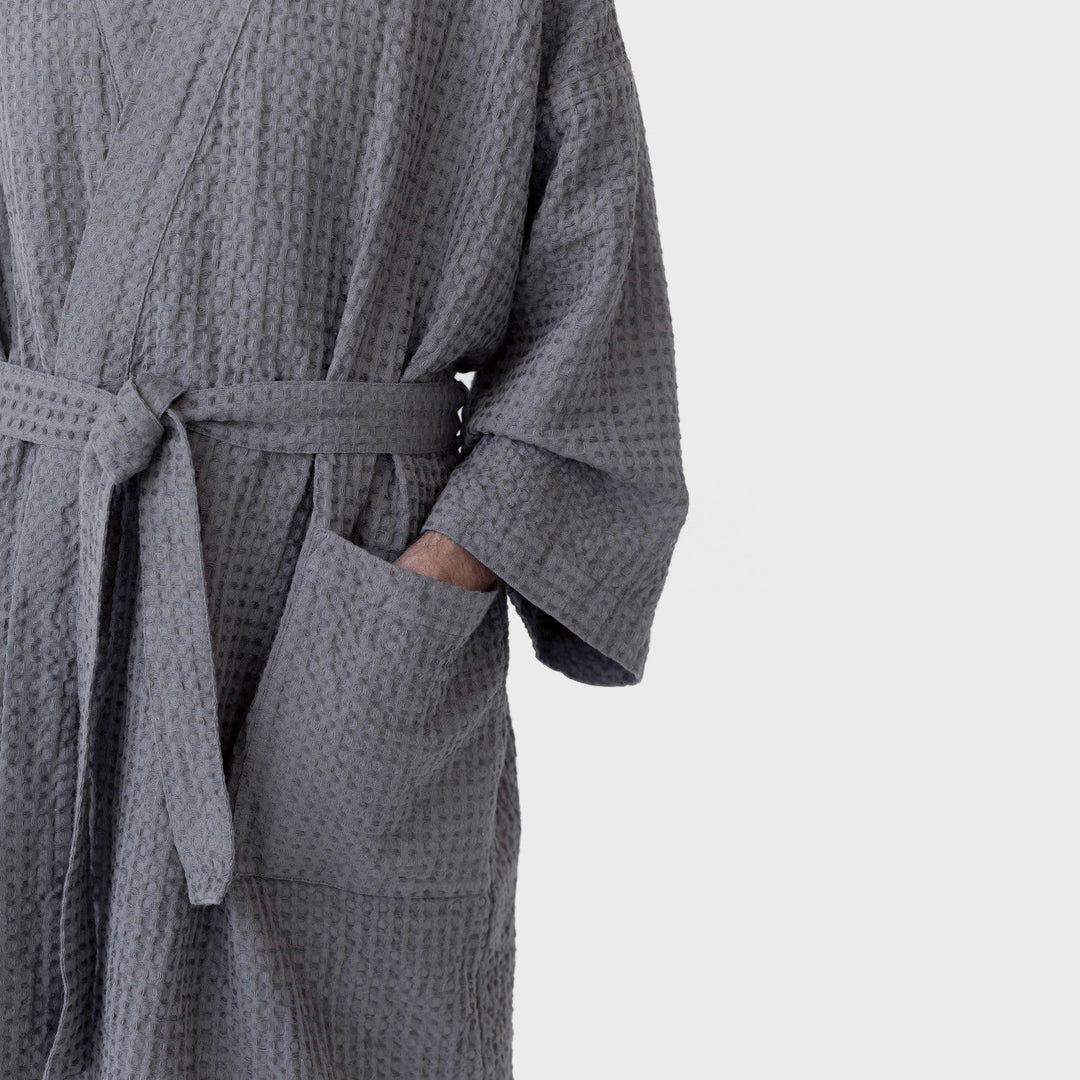 Dark Grey Linen & Cotton Honeycomb Waffle Bathrobe, S/M, Dark grey