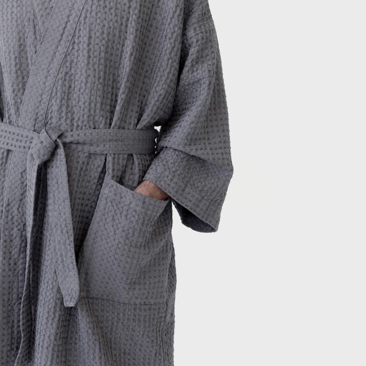 Dark Grey Linen & Cotton Honeycomb Waffle Bathrobe, S/M, Dark grey