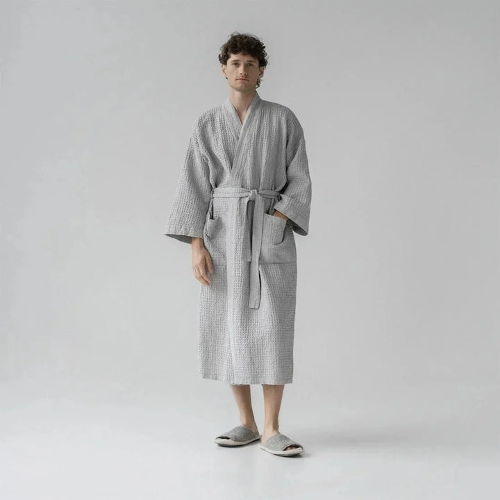Light Grey Linen & Cotton Honeycomb Waffle Bathrobe, L/XL, Light grey