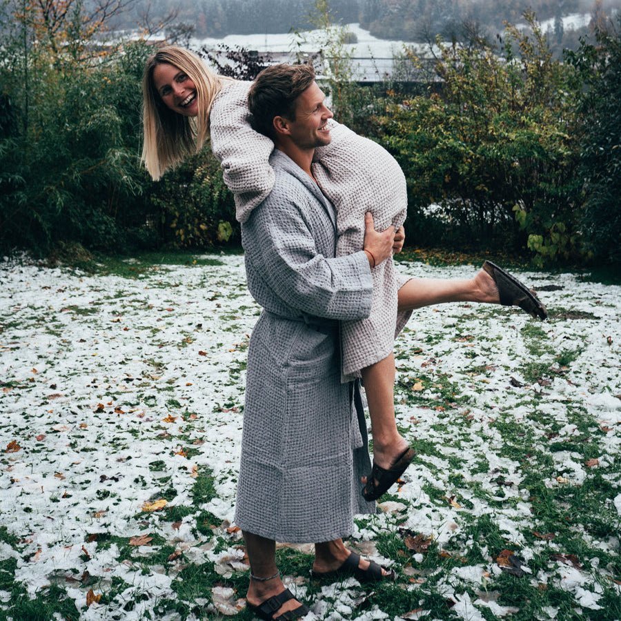 Light Grey Linen & Cotton Honeycomb Waffle Bathrobe, L/XL, Light grey