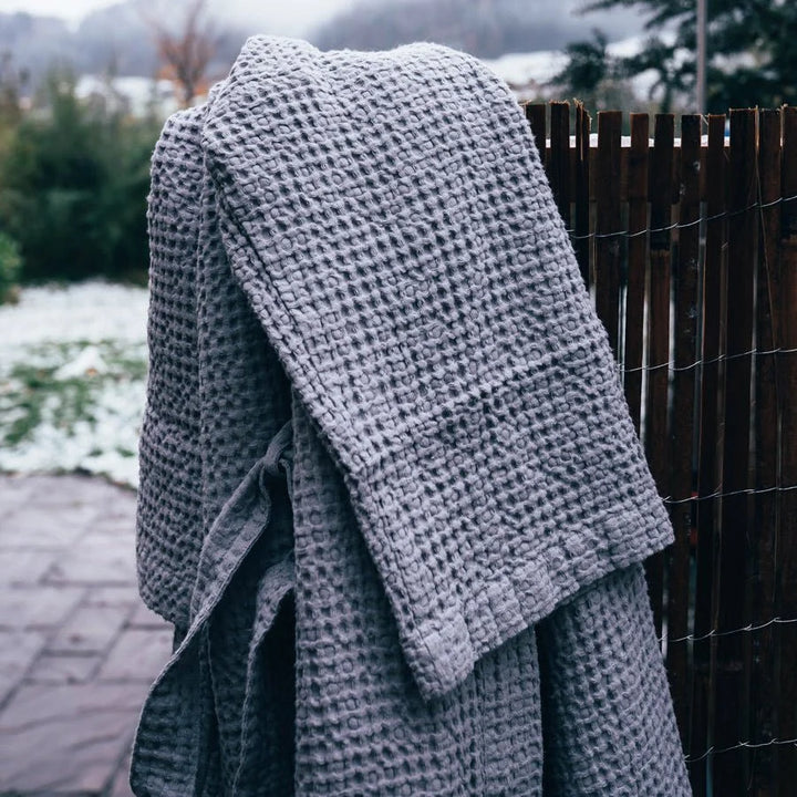 Light Grey Linen & Cotton Honeycomb Waffle Bathrobe, L/XL, Light grey