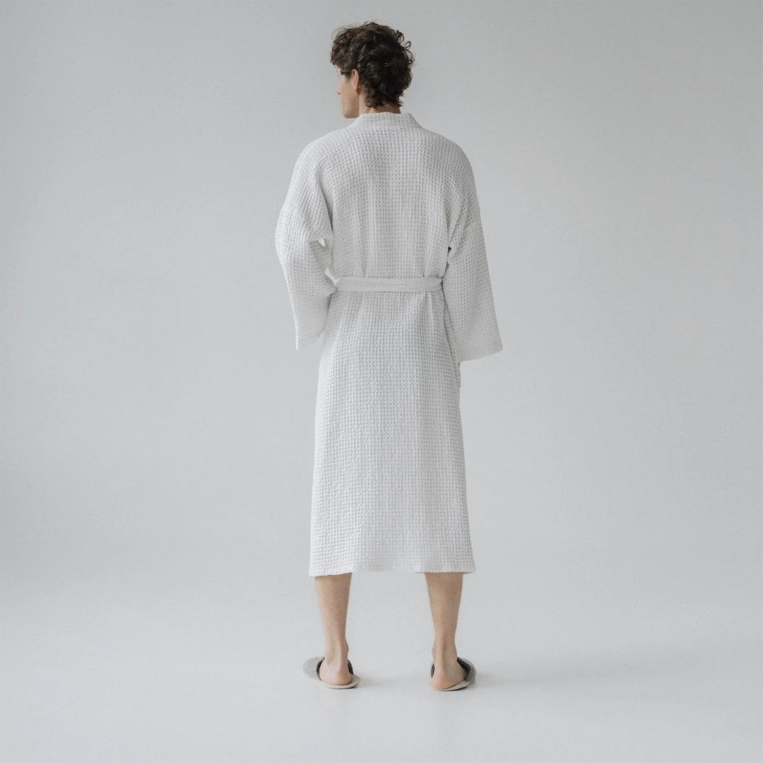 White Linen & Cotton Honeycomb Waffle Bathrobe, L/XL, White