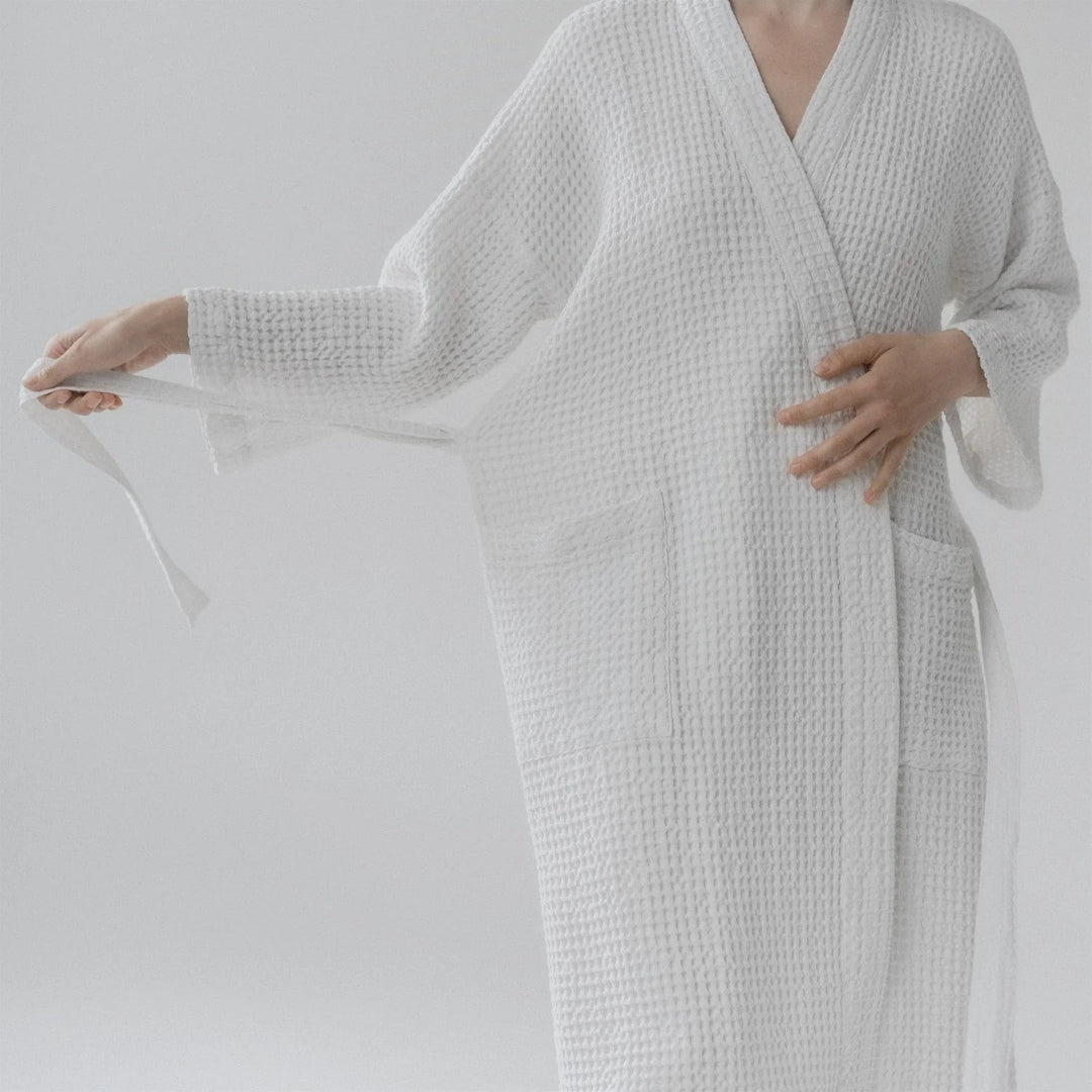 White Linen & Cotton Honeycomb Waffle Bathrobe, L/XL, White