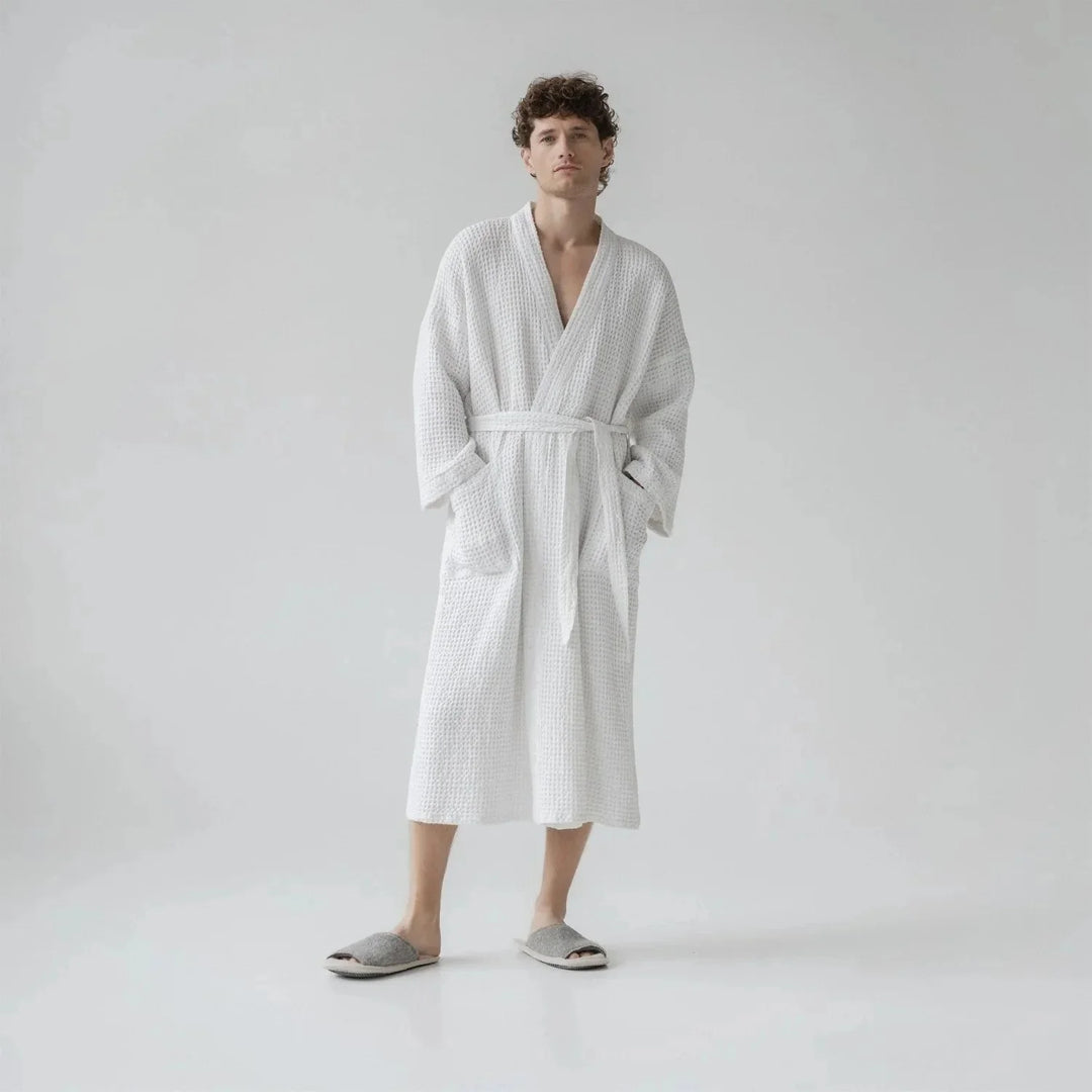 White Linen & Cotton Honeycomb Waffle Bathrobe, L/XL, White