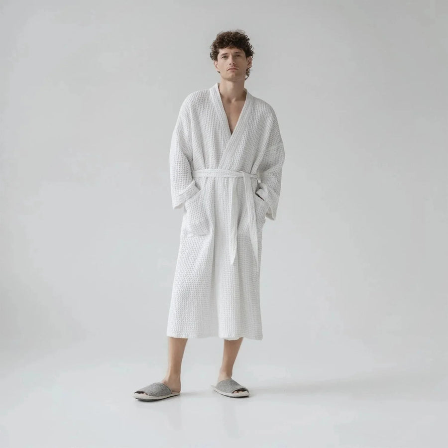 White Linen & Cotton Honeycomb Waffle Bathrobe, L/XL, White