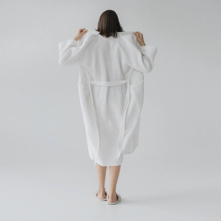 White Linen & Cotton Honeycomb Waffle Bathrobe, L/XL, White